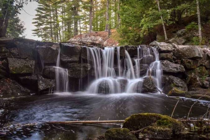 Une petite cascade coule en cascades soyeuses sur des rochers sombres au milieu d'une forêt verdoyante, capturée dans une belle photos de paysages naturels.